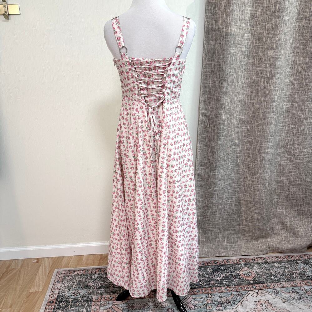 Petal & Pup Milkmaid Floral Maxi Dress M Pink Roses Corset Basque Waist Cottage - Picture 3 of 13